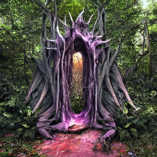 Prompt: horrific portal to the stars, embedded in a terrifying tree in a densely overgrown jungle, fantasy, dreamlike sunraise, ultra realistic, atmospheric, stopped in time, epic