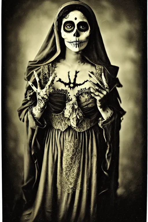 Image similar to tintype 1 8 9 0's virgin mary dia de muertos dress and make up, horrific beautiful vibe, evocative, atmospheric lighting, painted, intricate, highly detailed, leesha hannigan, wayne haag, reyna rochin, ignacio fernandez rios, mark ryden, iris van herpen, stunning, gorgeous, sharp focus, cinematic, masterpiece