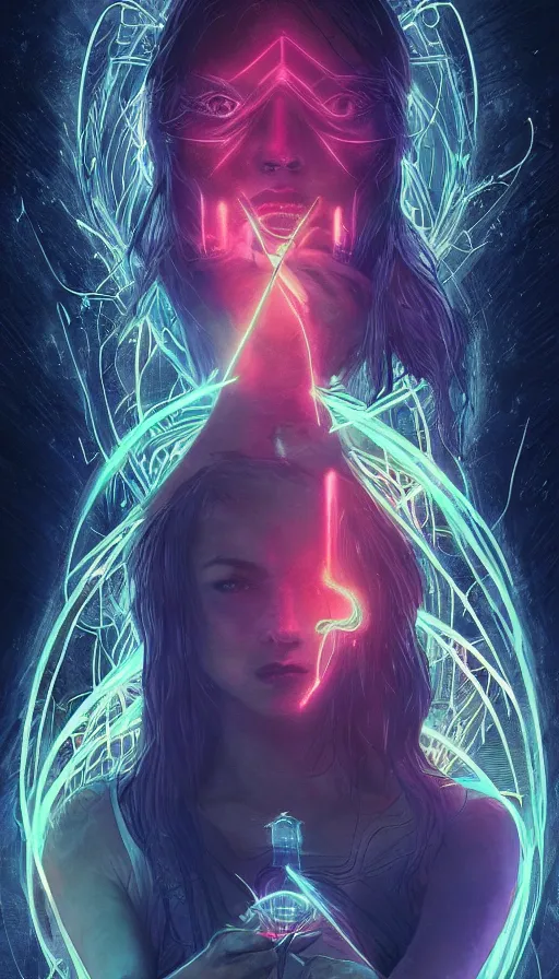 Image similar to tarot card, altered carbon, neon, dreamy vibe, fibonacci, sweat drops, insane intricate, highly detailed, cinematic, atmospheric. digital painting, artstation, concept art, smooth, sharp focus, illustration, unreal engine 5, 8 k, art by artgerm and greg rutkowski and alphonse mucha, laura sava, laura palmer