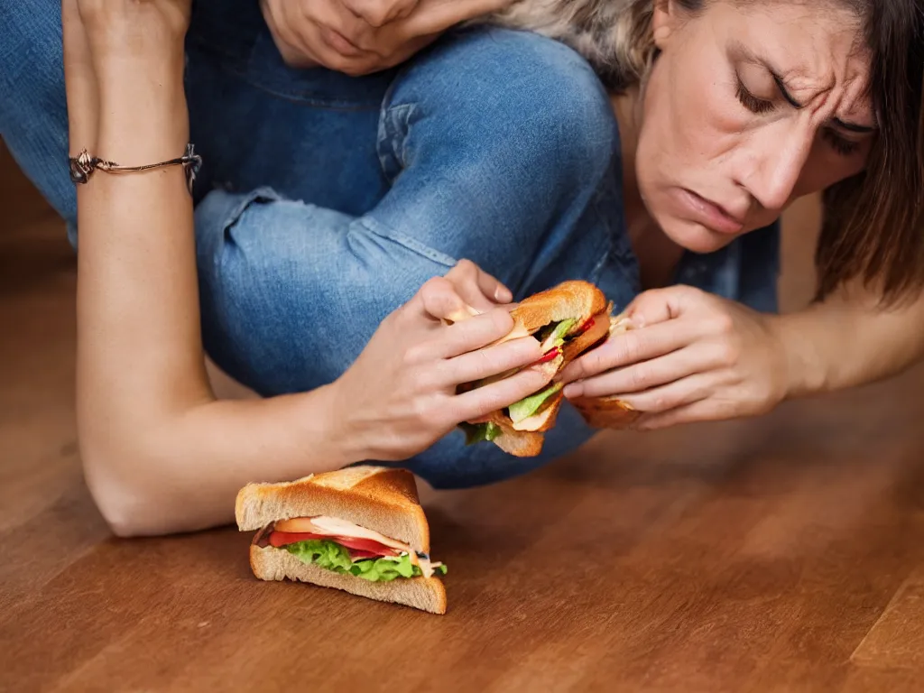 Prompt: woman upset that she dropped her sandwich on the floor, High Definition detail, 8K, photography