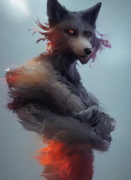 Prompt: beautiful portrait of a black male anthropomorphic wolf fursona long red hair. character design by cory loftis, fenghua zhong, ryohei hase, ismail inceoglu and ruan jia. artstation, volumetric light, highly detailed, photorealistic, fantasy, rendered in octane