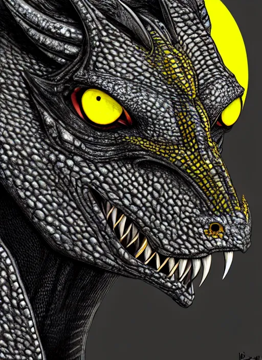 Image similar to closeup portrait of black dragon head with yellow eyes, ultra realistic, fantasy, magic, dnd,