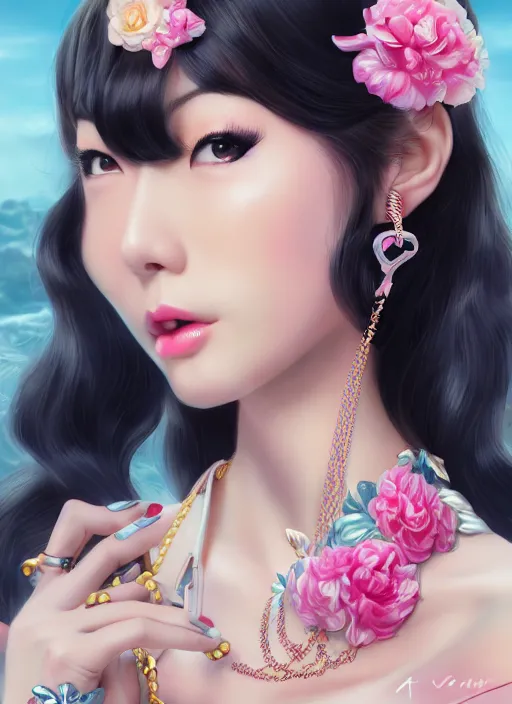 Image similar to a pin up and beautiful fashion dreamlke japan girl with lv jewelry, character art, art by artgerm, wlop, loish, hyperdetailed, 8 k realistic, symmetrical, global illumination, radiant light, frostbite 3 engine, cryengine, dof, trending on artstation, digital art, chanel, dior, detailed background