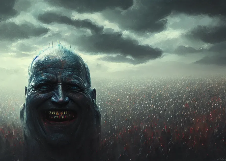 Image similar to large abstract painting of giant grinning evil dark dynamic Joe Biden head emerging from cosmic clouds at giant immense crowd of person army, trending on ArtStation, masterpiece, by Greg Rutkowski, by Ross Tran, by Fenghua Zhong, octane, lightbeam eyes, soft render, clear facial features, oil on canvas,, moody lighting, cinematic, professional environment concept art
