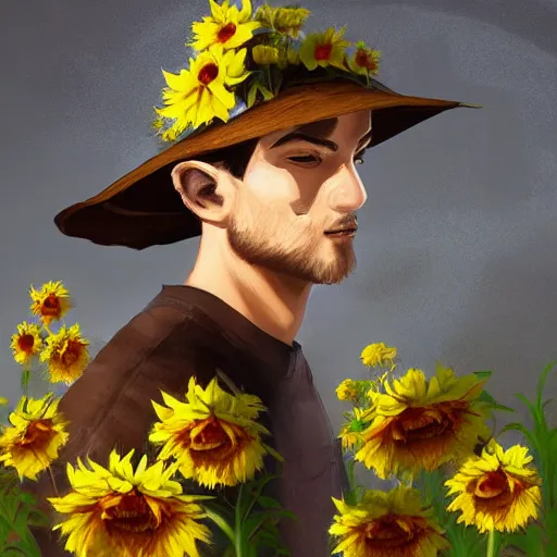 Image similar to a man wears a sunflower hat, bloom, artstation
