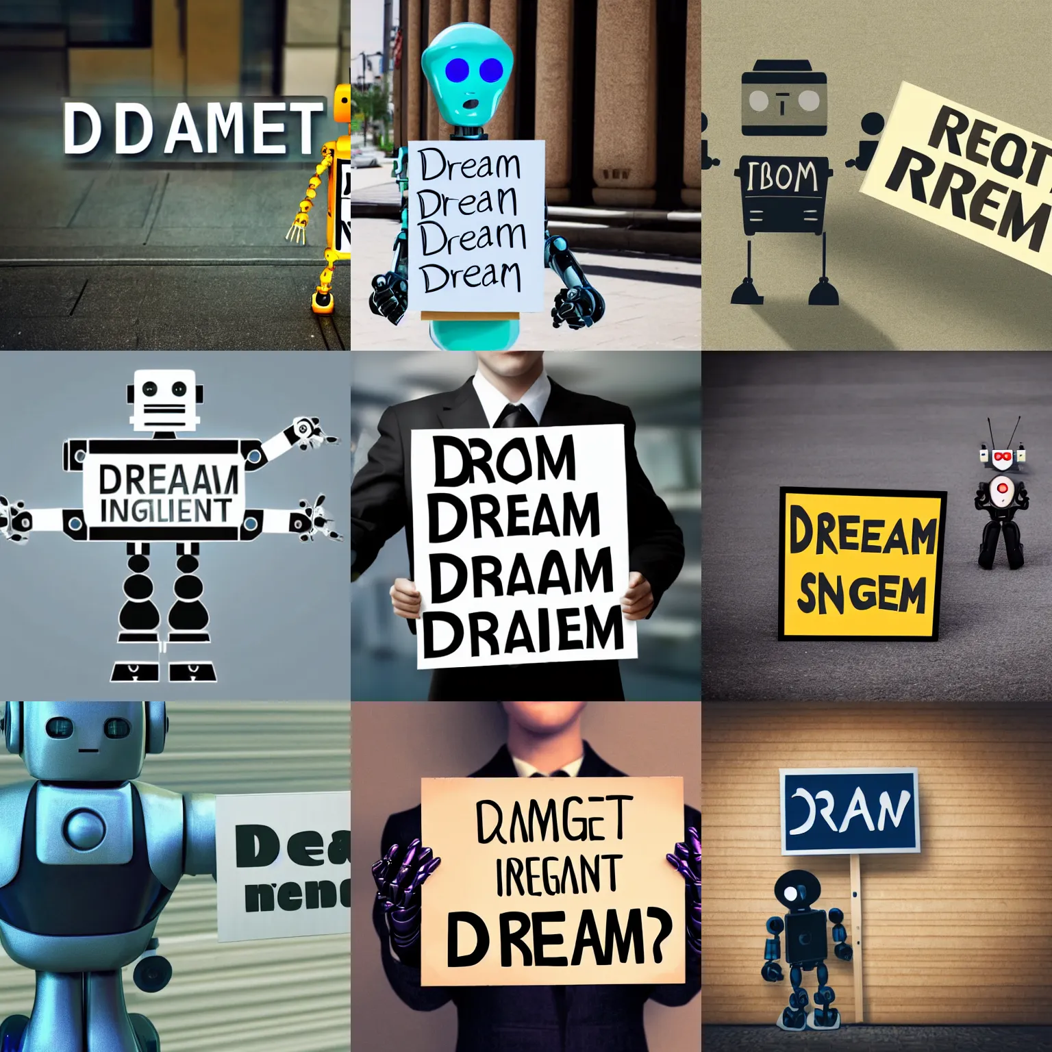 Prompt: robot intelligence holding a sign with text that reads : dream