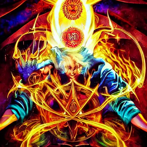 Prompt: crazy hermetic magician working with elementals, picture full of symbolism, tarotlike, dynamic colours, hyper detailed, hyper realistic