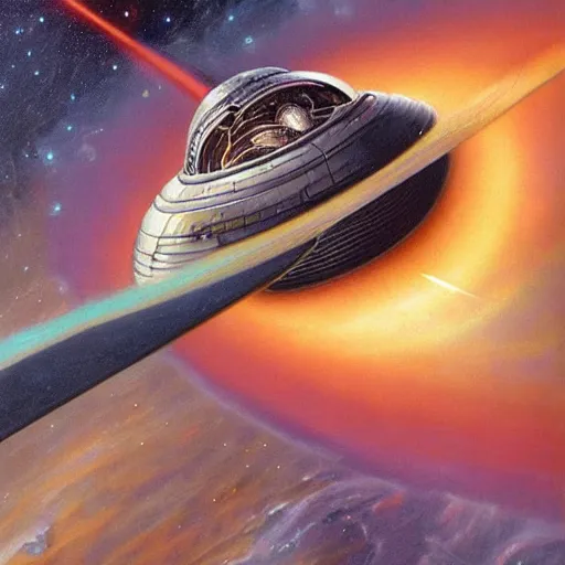 Image similar to a highly detailed painting of an intricate alien starship flying towards a black hole in space by Les Edwards,