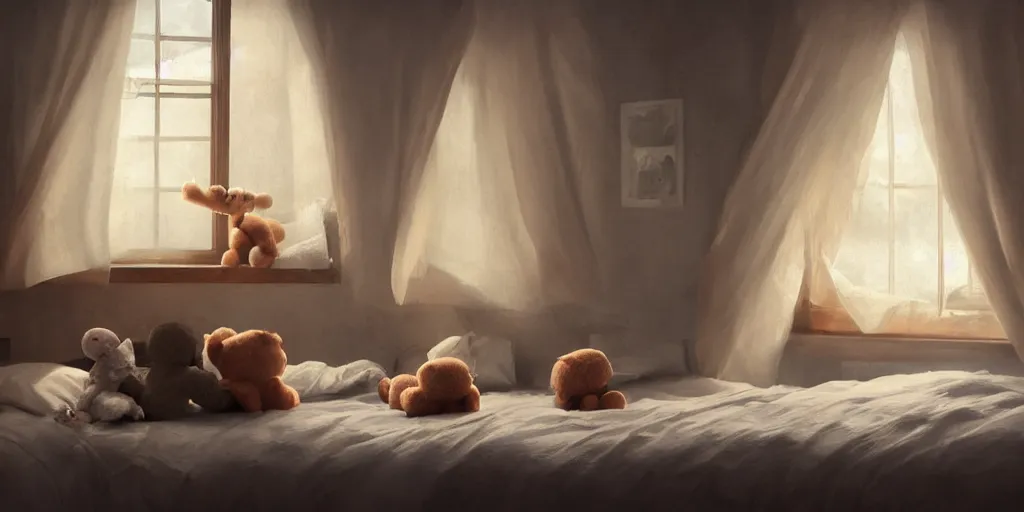 Prompt: a room with a bed, teddy bears and a window, a photorealistic painting by james paick, cgsociety, photorealism, volumetric lighting, matte painting, photorealistic