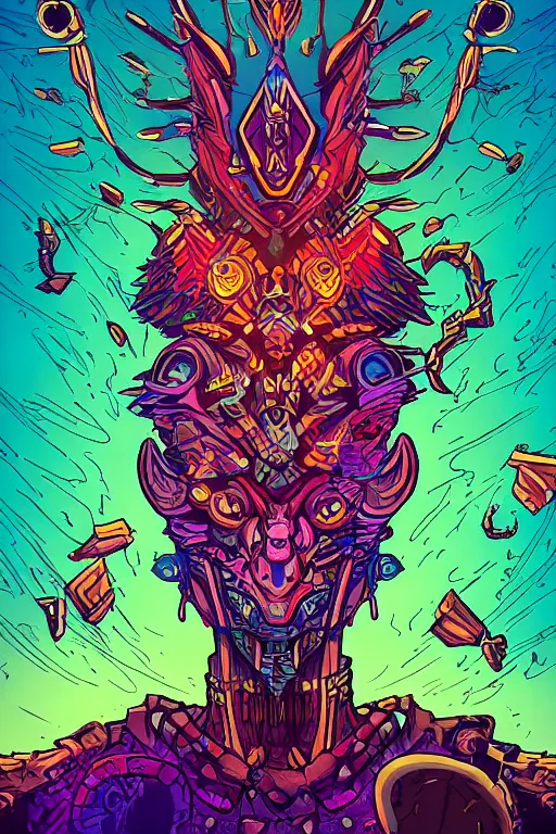 Image similar to totem animal tribal chaman vodoo mask feather gemstone plant wood rock video game illustration vivid color borderlands by josan gonzales and dan mumford radiating a glowing aura