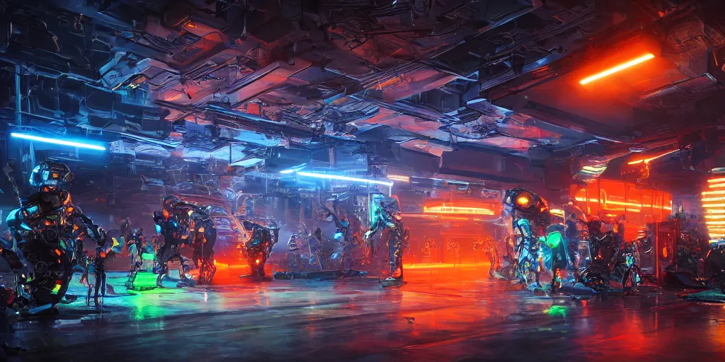 Prompt: futuristic neon lit scene of death of the money lenders, robot cyborgs, futuristic oil painting by rembrandt and jeff koonz, led panel screens and projections, intricate details, ultra realistic, dynamic lighting, black and orange colour palette, octane render