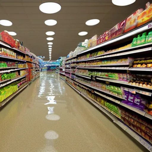 Image similar to photo of a grocery store interior, the floor is flooded with one meter deep water. eerie, volumetric lighting. highly - detailed 4 k