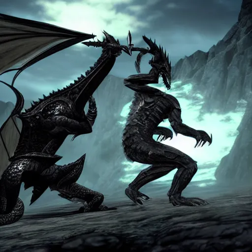 Prompt: elder scrolls dragonborn wielding huge sword vs giant black dragon, epic, dramatic lighting