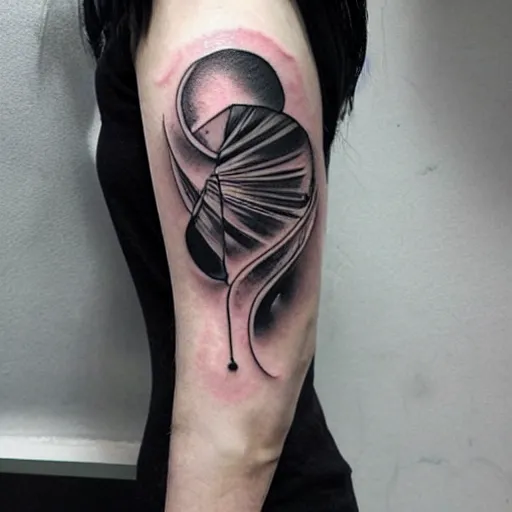 Image similar to dark japanese urban architecture, tattoo, tattoo on upper arm