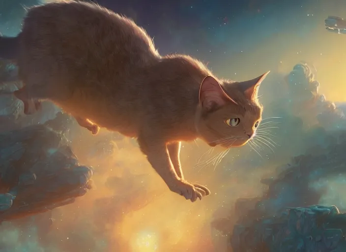 Image similar to a space cat staring role in a musical sci - fi space opera ghibli animated film, volumetric lighting, octane render by stanley artgerm lau, greg rutkowski, thomas kindkade, alphonse mucha, loish, norman rockwel,