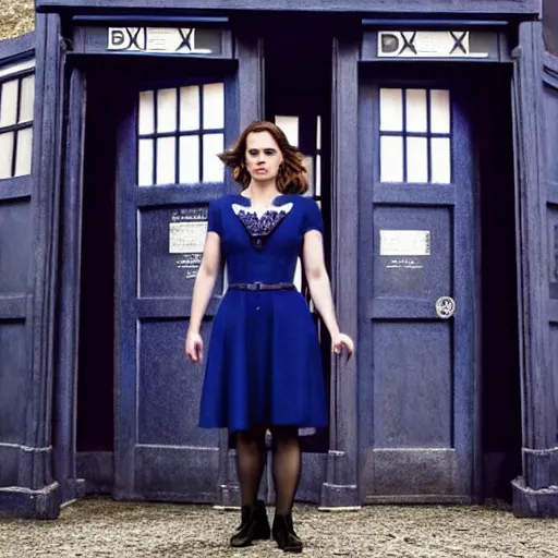 Image similar to a beautiful full body photograph of hayley atwell dressed as doctor who standing in front of the tardis, symmetrical face, extreme realism and detail, 8 k, completely framed, direct lighting, 3 5 mm photo, photorealistic, sharp focus