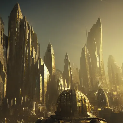 Image similar to a golden fantasy sci fi luxurious city, scandinavian / norse influenced, cinematic, ray traced, octane render, cinematic lighting, ultrarealistic, featured on artstation, 8 k uhd artwork