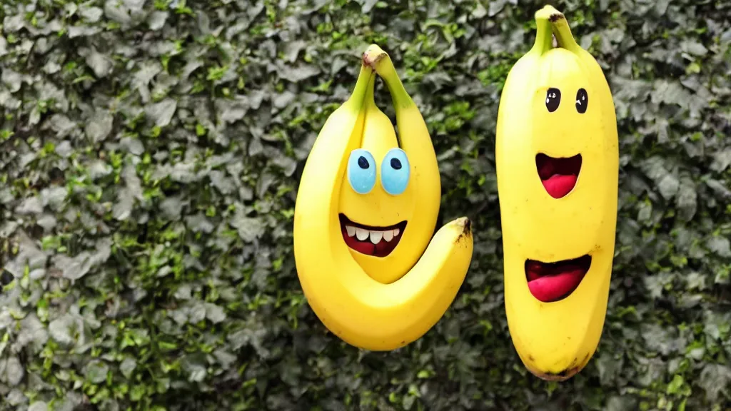 Image similar to a very happy banana with face, vivid