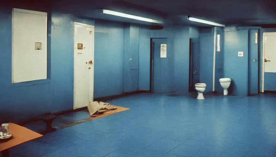Prompt: 60s movie still of a sovietic stalinist style empty blue tiles room with visible toilets, cinestill 800t 50mm eastmancolor, liminal Space style, heavy grain-s 150