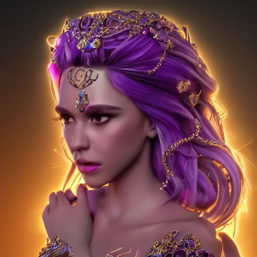 Image similar to portrait princess of amethyst, glowing, ornate and intricate purple jewelry, jaw dropping beauty, glowing background lighting, purple accent lighting, hyper detailed, fairy tale, 4 k octane render