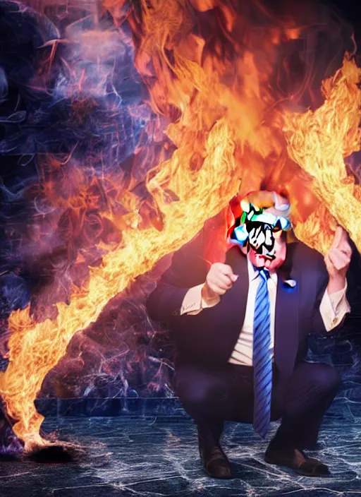 Prompt: a beautiful photo of donald trump burning his own money, intricate details, photography, volumetric light, 8 k