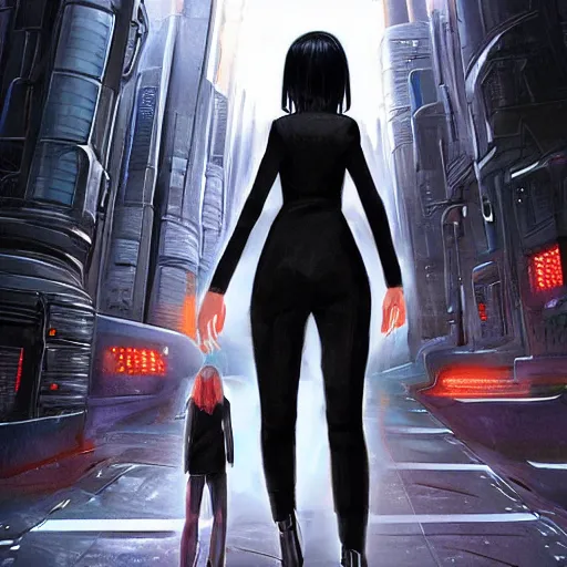 Image similar to scifi art by greg rutkowsky, a very tall and slim girl with black bob hair with two strands around her face, wearing a oversized jumper jumpsuit, walking through a futuristic city, scifi environment, highly detailed portrait, digital painting, artstation, concept art, smooth, sharp foccus ilustration, artstation hq