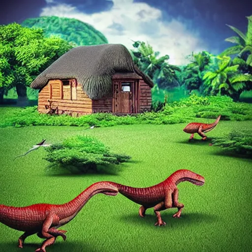 Prompt: small cottage, dinosaurs roaming, on a grassy landscape, trees, far away, photorealistic, jurassic park concept, beautiful, elegant