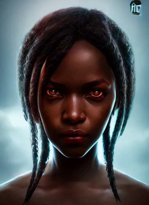 Image similar to An epic fantasy comic book style portrait painting of a short dark skinned girl thief with spidery hair and kind eyes, unreal 5, DAZ, hyperrealistic, octane render, cosplay, RPG portrait, dynamic lighting