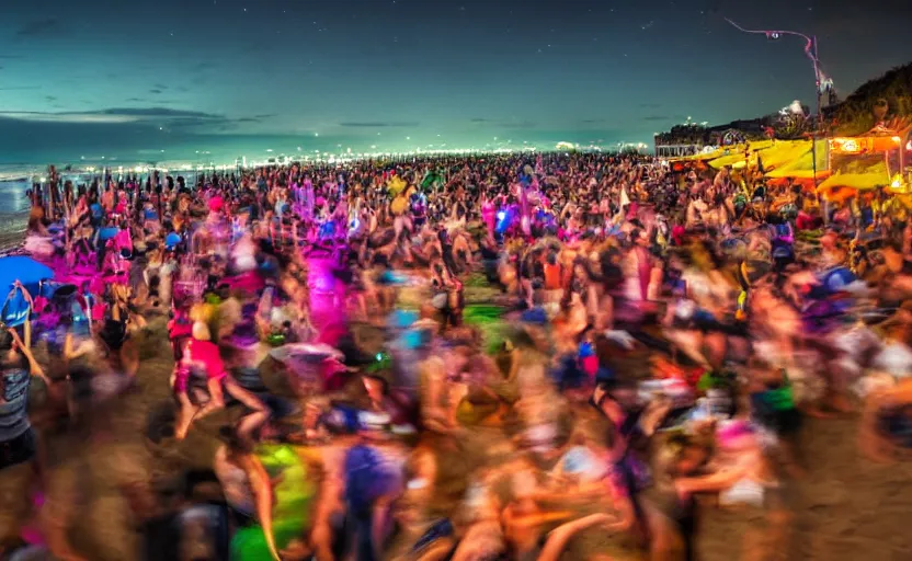 Image similar to long exposure photography of a crowd of muppets having a crazy party at the beach,