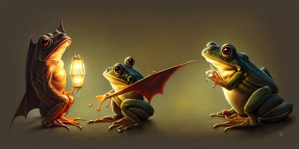 Image similar to a bat frog holding a lamp by justin gerard, concept art, creature design, sharp focus, trending on artstation, hyper realism, 8 k, hyper detailed, ultra detailed, highly detailed,