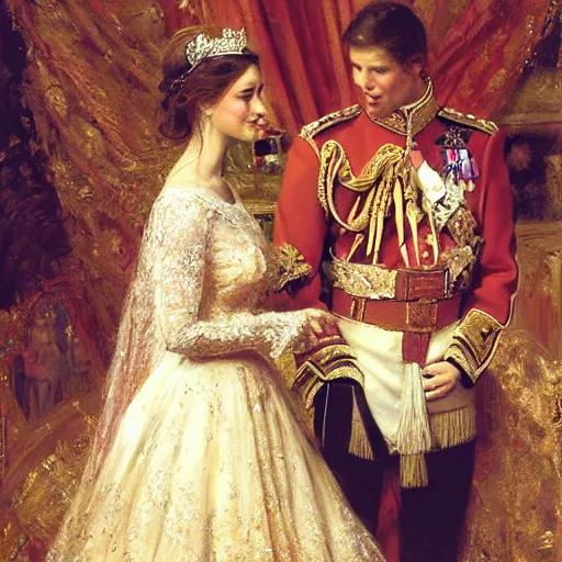 Image similar to the painting of prince william and bella hadid's royal wedding, art by gaston bussiere, craig mullins, j. c. leyendecker, realistic human faces, smiling faces, royal wedding, england