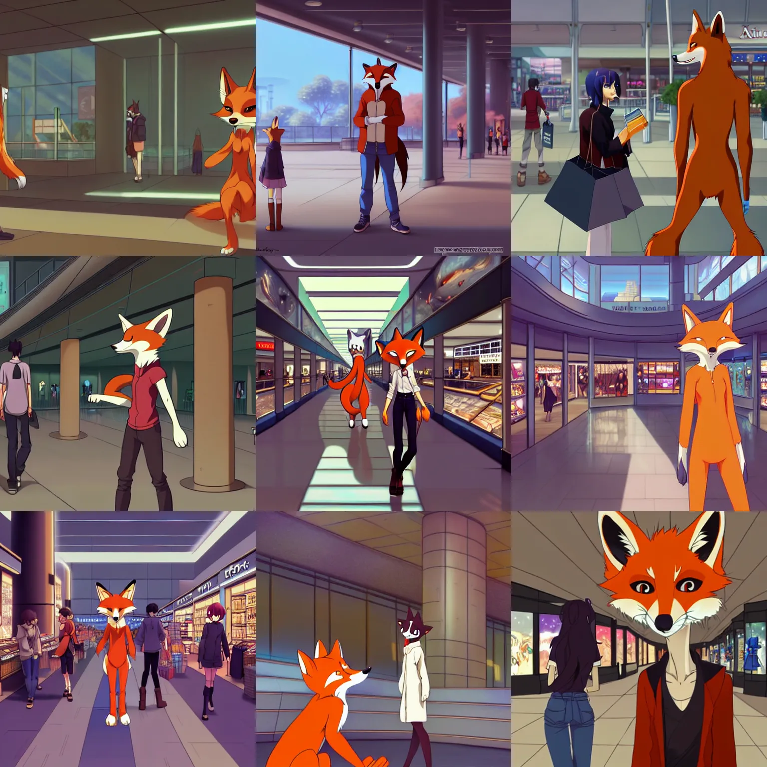 Prompt: an anthropomorphic furry fox shopping at a futuristic mall, photorealistic, anime, makoto shinkai, james gurney, don bluth!!!, hibbary, dark natasha, goldenwolf, furaffinity