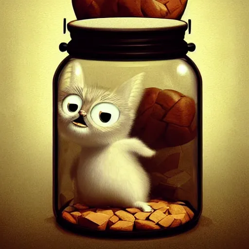 Image similar to cutie fluffy creature with big eyes in a jar, digital art, 3 d, octave render, masterpiece, mega detailed, pixar, disney, vivid illustration, fantasy, by george stubbs, frederic leighton, james jean