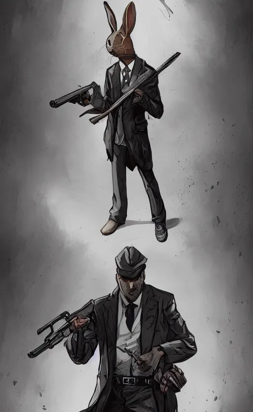 Image similar to rabbit as a hitman, dynamic lighting, fantasy concept art, trending on art station, stunning visuals, creative, cinematic, ultra detailed, comic strip style