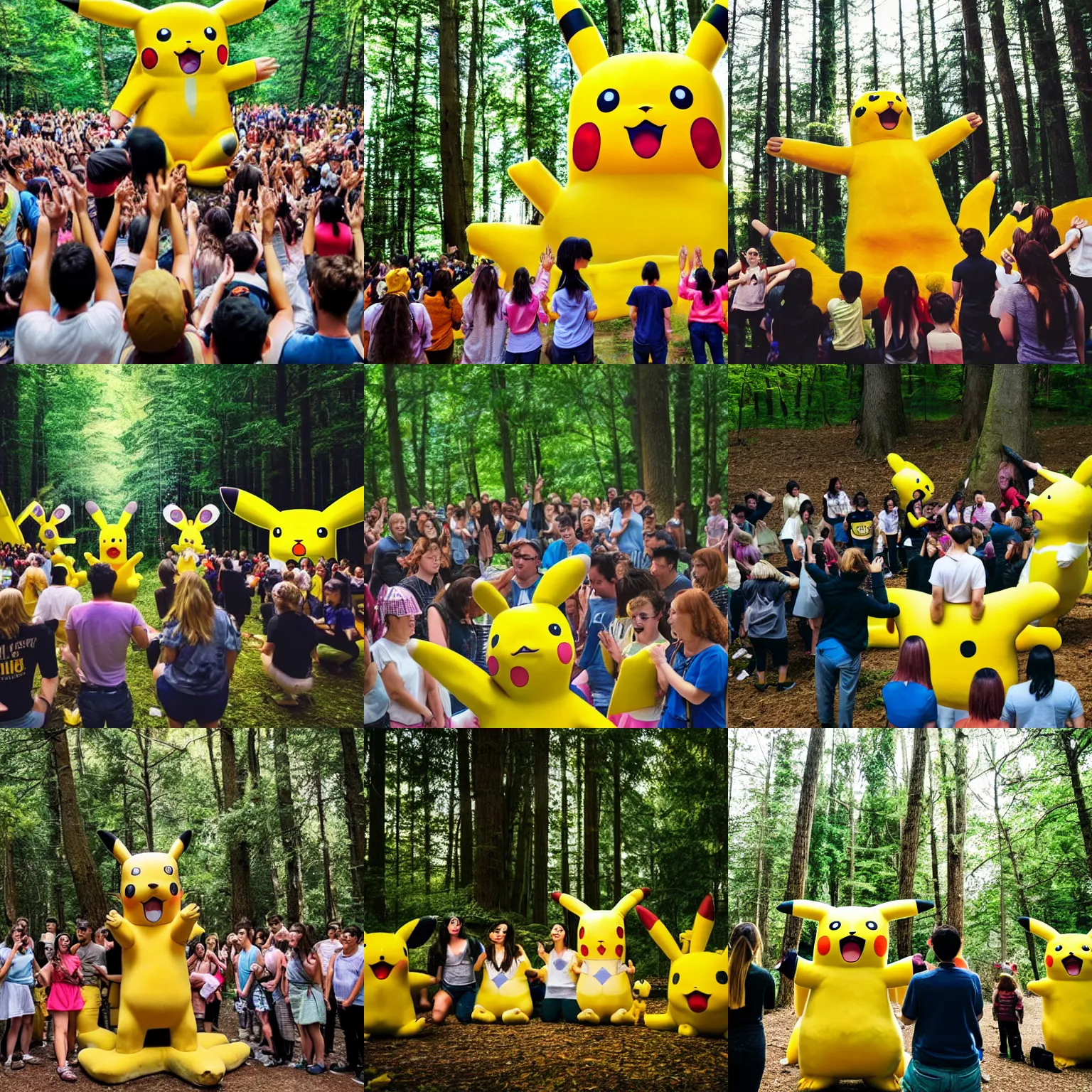 Image similar to photograph of a group of people worshipping a giant pikachu in a forest