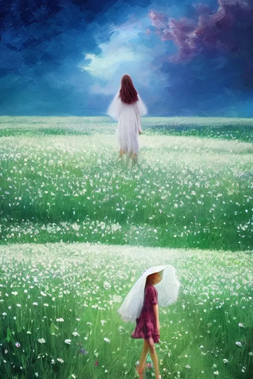 Image similar to giant white daisy flower veil, girl walking in a flower field, surreal photography, sunrise, dramatic light, impressionist painting, colorful clouds, digital painting, artstation, simon stalenhag