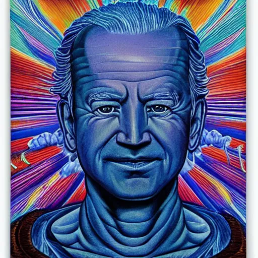 Prompt: bodhisattva joe biden by alex grey, jon mcnaughton, rembrandt, and william blake