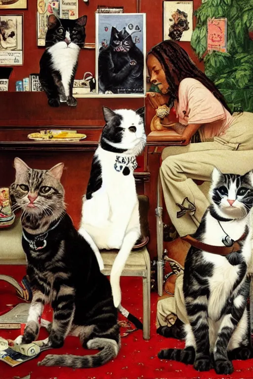 Image similar to snoop dogg and his cats painted by Norman Rockwell