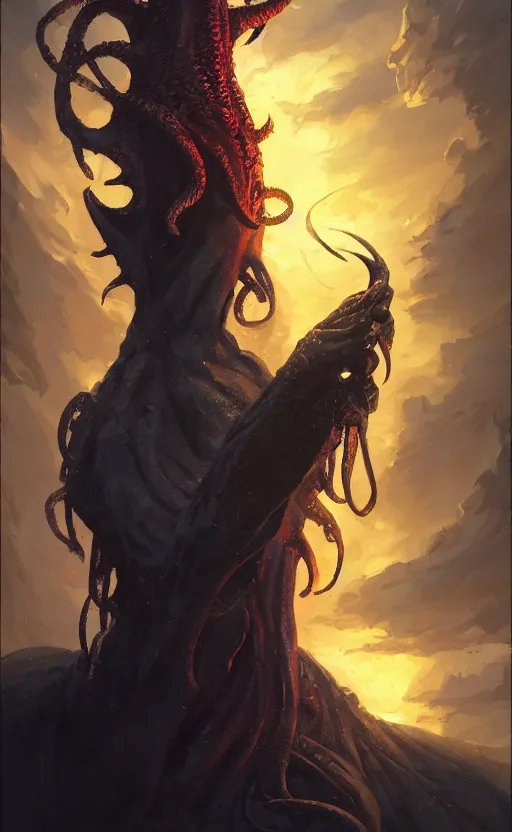 Image similar to a beautiful artwork illustration, cthulhu, high contrast, high saturation, by Greg Rutkowski and Jesper Ejsing and Raymond Swanland, featured on artstation, wide angle, vertical orientation