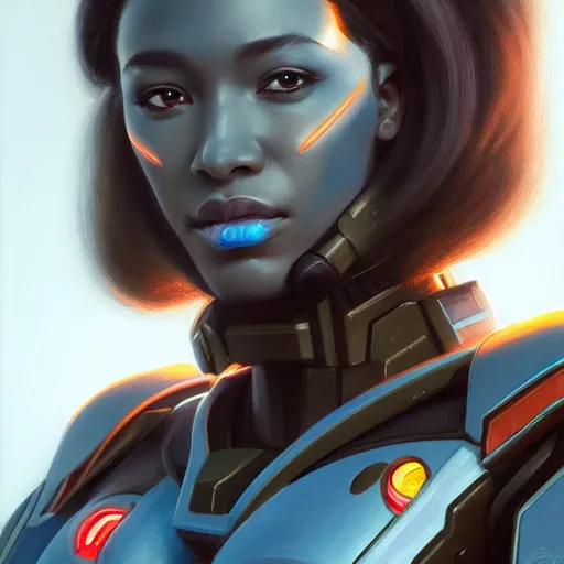 Prompt: a portrait of a very beautiful WOC woman in battletech elemental clanner clan battle armor, Alexandria\'s genesis, chin-length hair, bored, illustration, soft lighting, soft details, painting oil on canvas by mark arian by artgerm, trending on artstation, 4k, 8k, HD