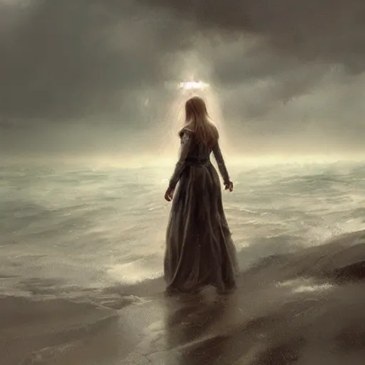 Image similar to concept art, facing the back of a woman standing alone in the middle of a sea storm, wearing a dress, thunderstom, lightning, rain, medieval, dark concept art, painting by wlop, nixeu and greg rutkowski, beautiful, semirealism, artstation, octane render, sharpness, 8 k, golden ratio