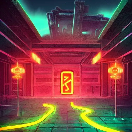 Image similar to neon ancient ruins, digital art, retrowave art, trending on art station