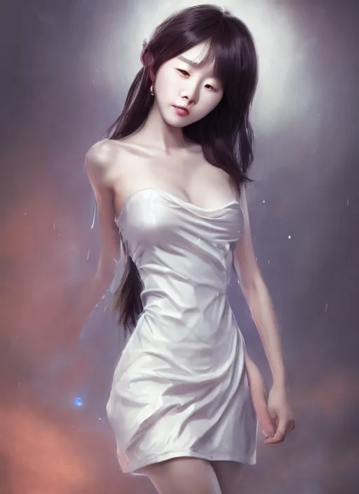 Prompt: beautiful korean fashion goddness, strapless dress, character portrait in the style of thomas river and artgerm, wlop, cinematic lighting, hyperdetailed, 8 k realistic, symmetrical, global illumination, radiant light, halo, love and mercy, frostbite 3 engine, cryengine, dof, trending on artstation, digital art, chanel