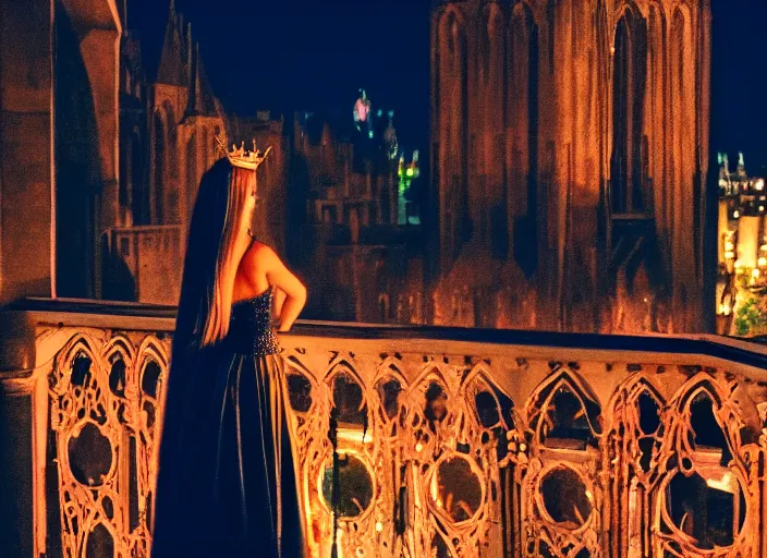 Prompt: a beautiful queen stands on a balcony overlooking a fantasy medieval gothic city at night, glow rays, 3 5 mm photography