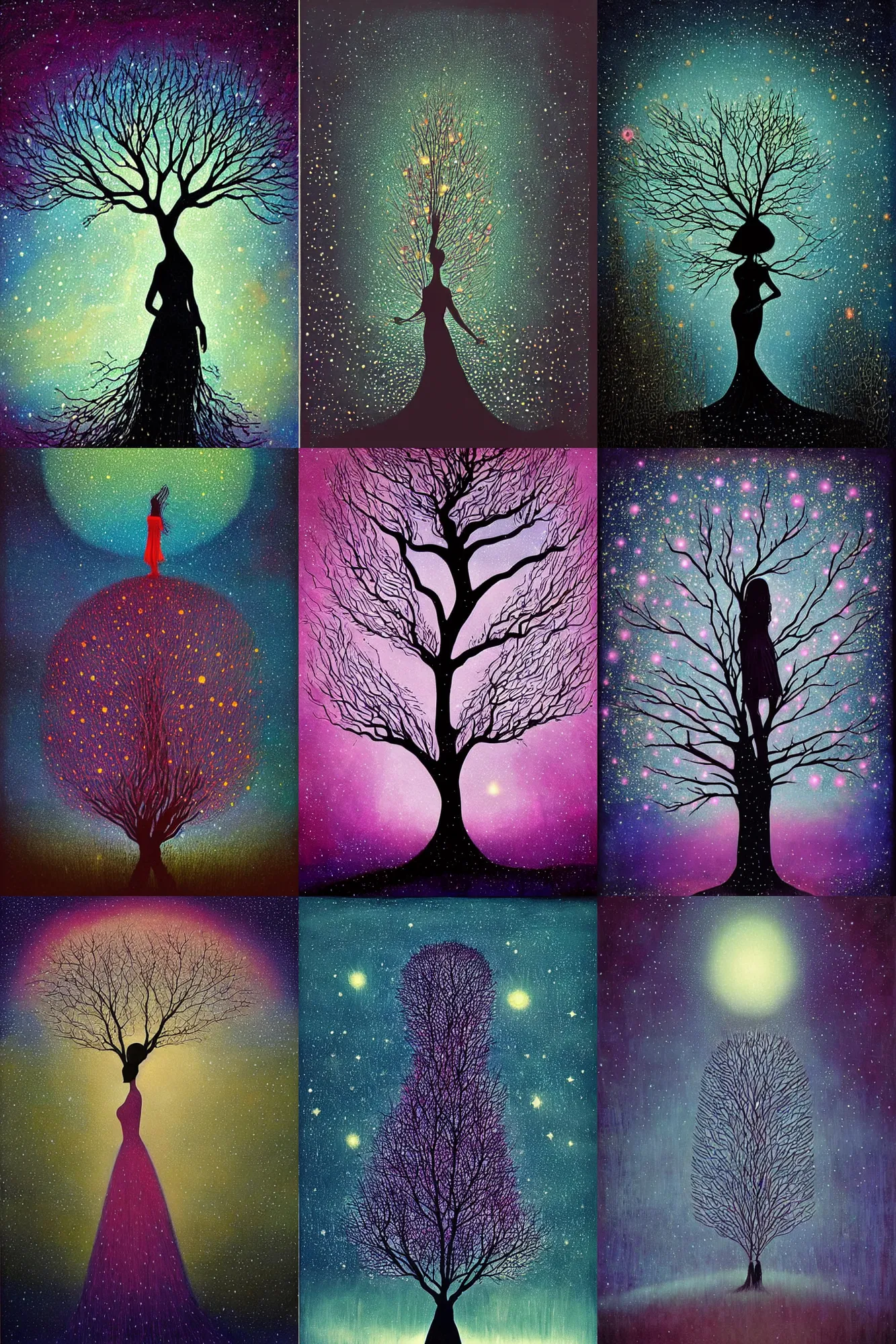 Prompt: A willow tree fades into starry space. The silhouette of a woman is seen in the branches. magic realism, flowerpunk, mysterious, vivid colors, by andy kehoe, amanda clarke