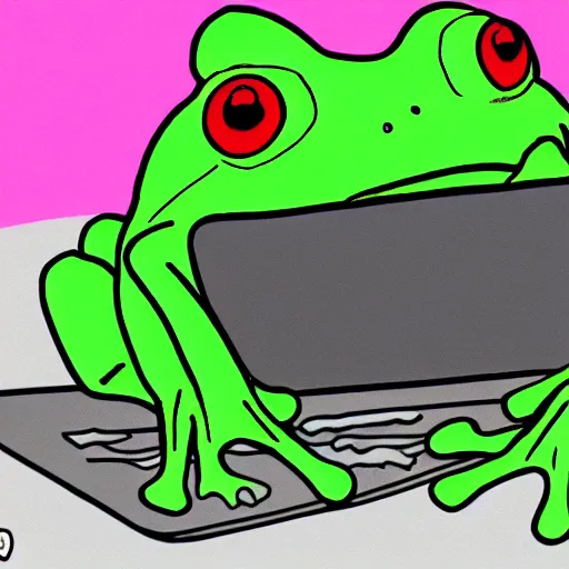 Prompt: peepo the frog!!!, lying on his bed with a laptop, crying!!!, sad lo-fi vibes, dramatic,