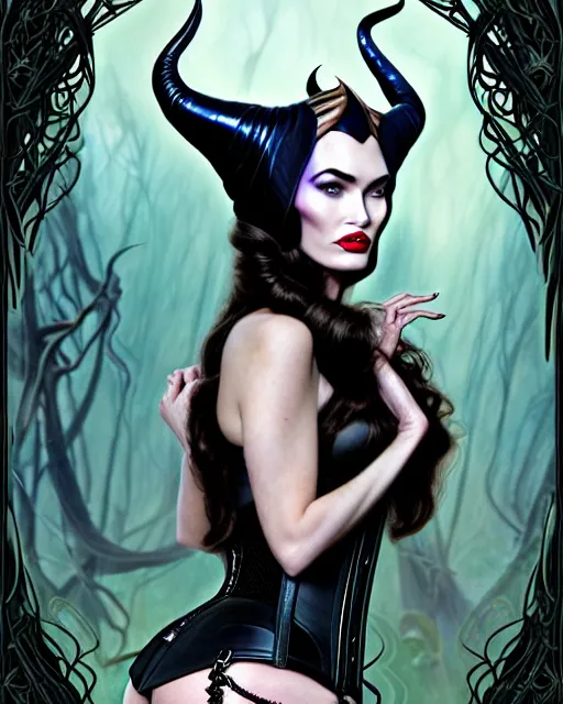 Image similar to new art nouveau portrait of fantasy succubus maleficent megan fox wearing a leather corset in a magical forest, anna dittmann, moebius, wlop, artgerm, patrick nagle, charlie bowater and loish. long windblown hair, ultrasharp focus, dramatic lighting, barbwire vine arches, photorealistic digital matte painting, intricate.