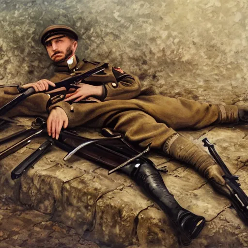 Image similar to a beautiful extremely complex painting of a german army in ww 1 lying down and his weapon next to him the army is tired of the war digital painting