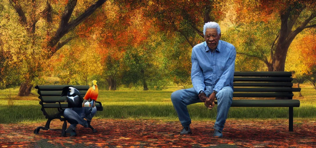 Image similar to Morgan Freeman sitting on a park bench with a colorful magpie yelling in his ear, cloudy autumn day, 8k octane render