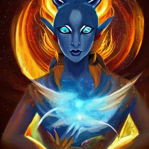 Image similar to a painted avatar portrait of an awesome cosmic powerful anthropomorphic kitsune fox mage themed around death and the stars and the cosmos, in the style of dnd beyond avatar portraits, beautiful, artistic, elegant, lens flare, magical, lens flare, nature, realism, stylized, art by jeff easley